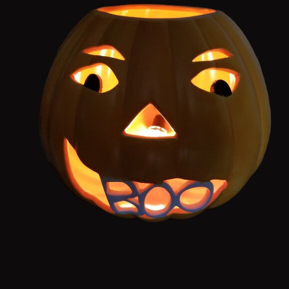 Other - Ceramic Halloween Pumpkin Orange BOO Light Up Decoration Jack O Lantern Vintage